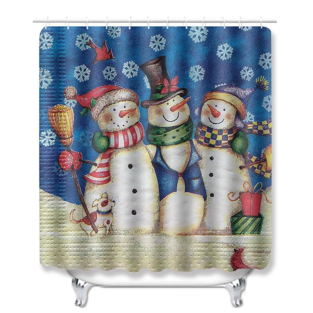 Christmas Waterproof Shower Curtain Floor Mat Four-Piece Set, Bathroom Water-Absorbing Non-Slip Door Mat, Shower Room Water-Absorbing Carpet