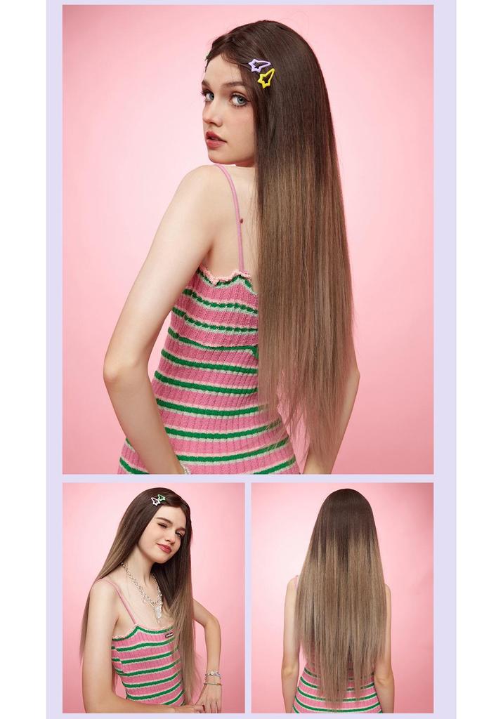 European Style Champagne Brown Long Straight Hair Wig with Bangs