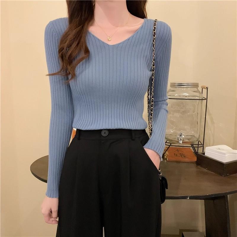 Herbst und Winter 2025 V-Ausschnitt langärmelige Unterzieh-Strickpullover-Tops lässige figurbetonte enge Pullover für Damen Pullover