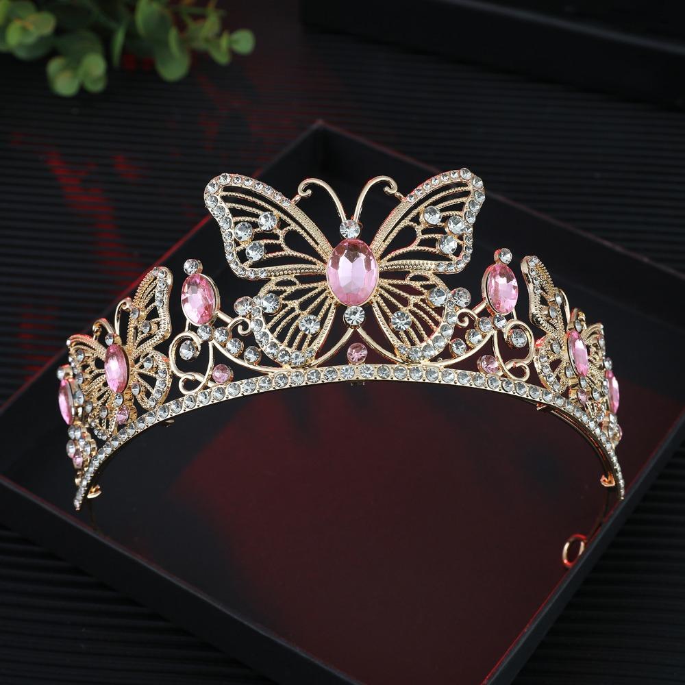 Блестящая Диадема со Стразами Роскошные Короны Принцессы Изысканные Свадебные Головные Уборы Конкурс Gold Pink