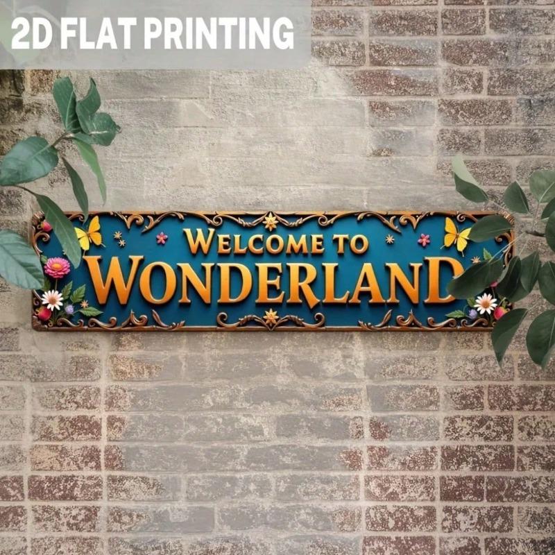 Vintage Welcome to Wonderland Metal Sign Floral Butterfly Design Blue Yellow Romantic Wall Decor for Home
