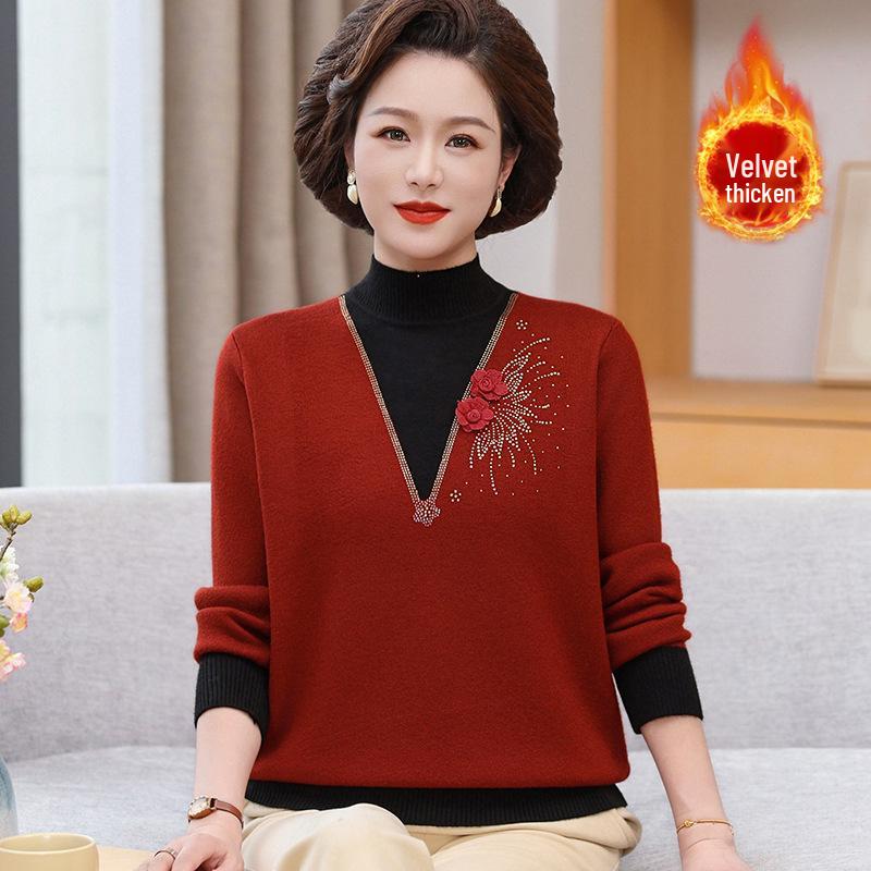 

Mom s Style Knitwear: Women s Faux Two-Piece Sweater with Velvet for Middle-Aged & Elderly, Perfect for Autumn/Winter Layering L (Recommended for up to 105 jin)