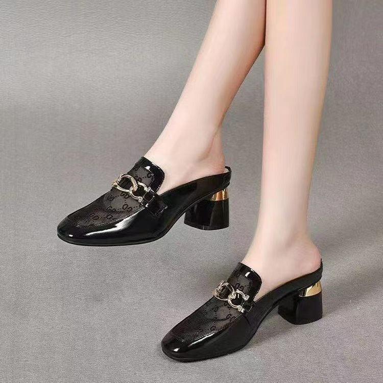 

Баотоу полутапочки женские летние новые сетчатые круглый каблук средний каблук универсальные удобные мягкая подошва прохладные тапочки женские для улицы 35 чёрный