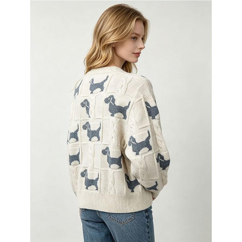 Womens Winter Jacquard Cable Knit Sweater Loose Fit Round Neck Long Sleeve Soft Nylon Pullover