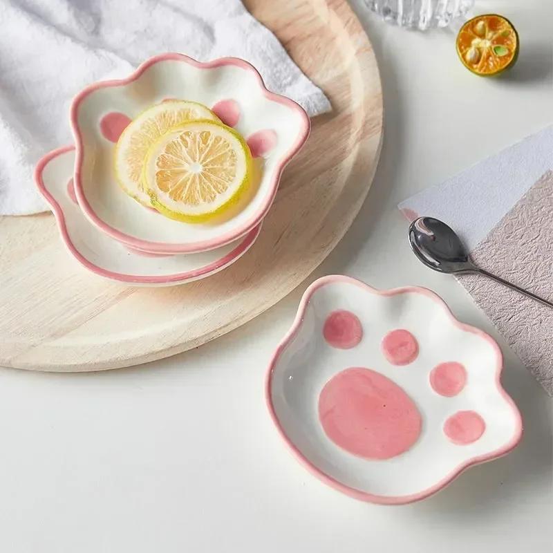 2026 Japanese Cute Cat's Paw Taste Dish Ceramic Cartoon Dessert Plate Soy Fruit Sauce Dish Seasoning Bowl Household Dip Dishes