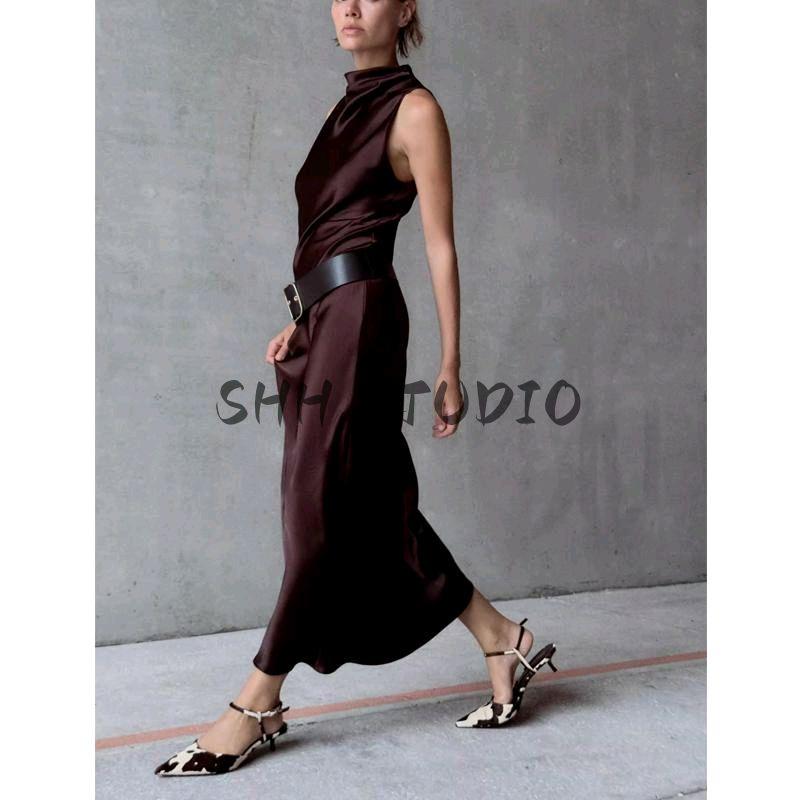 Spring New Women clothes French style With Belt round Neck Sleeveless Silk Satin Texture Midi Dress 2277302
