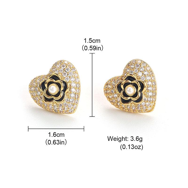 French Coco Zircon Heart Stud Earrings - Retro Light Luxury Camellia Floral Design with Full Diamonds for Women