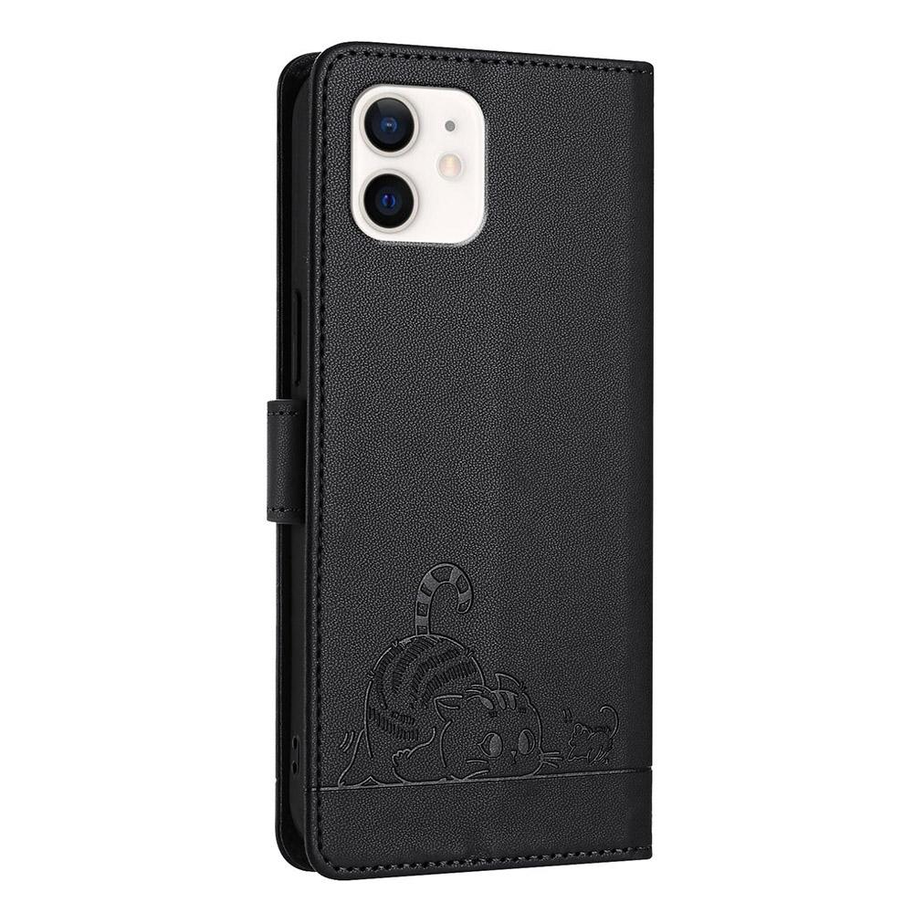 For iPhone 12/12 Pro Case with Strap RFID Blocking Leather Wallet Phone Cover Cat Mouse Pattern