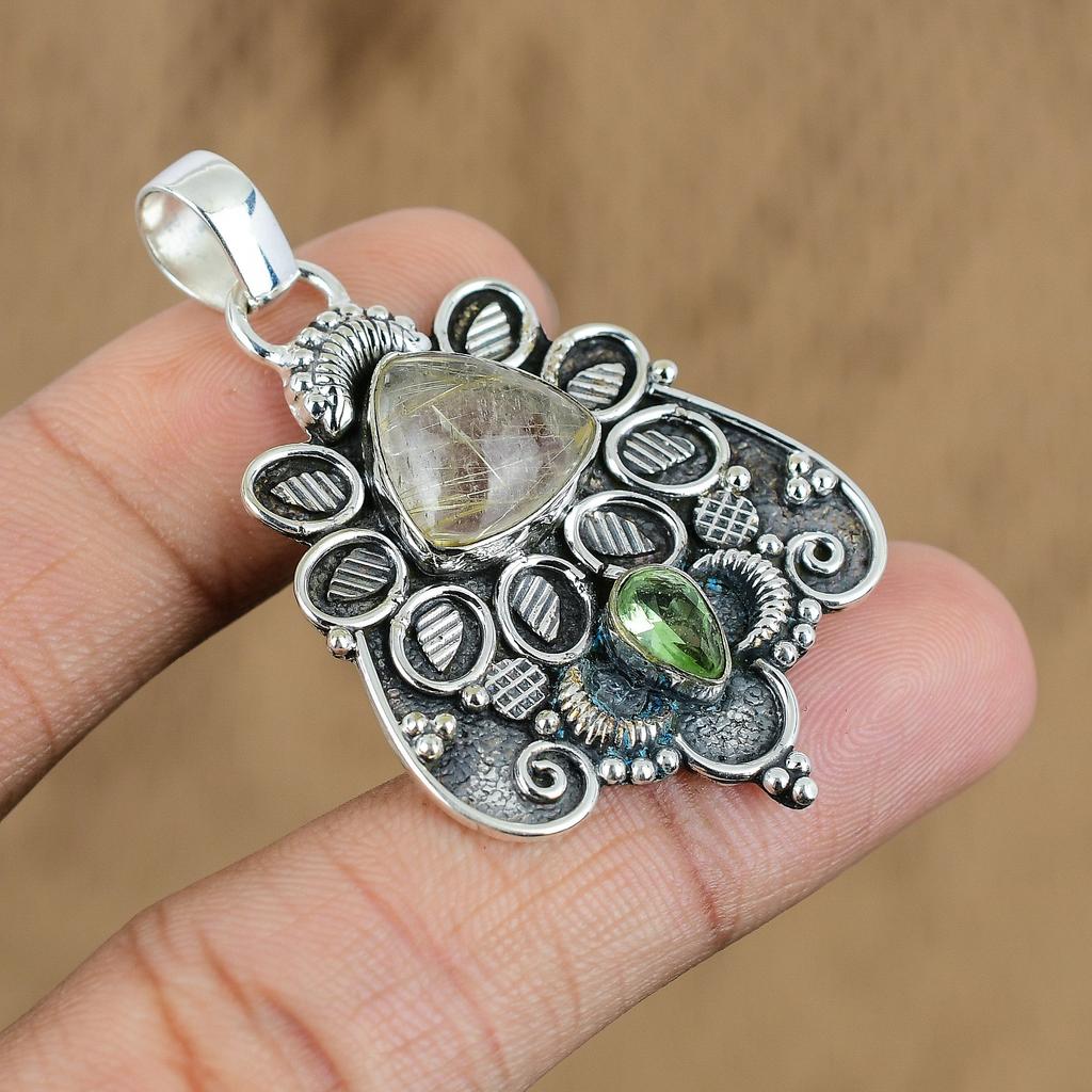 Cadeau de mariage pour elle Pendentif en argent sterling 925 et pierre gemme naturelle de rutile doré