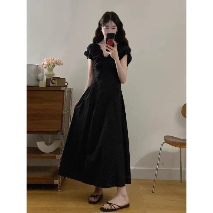 French Hepburn Style Bubble Sleeves V-neck Summer Dress High-end Temperament Women's Waist A-word Long Dress Wholesale