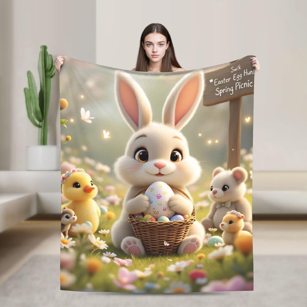 Easter Bunny Floral Patter Blanket Warm Cozy  Throw Blanket Winter Adults Child Living Room Travel Bedspread