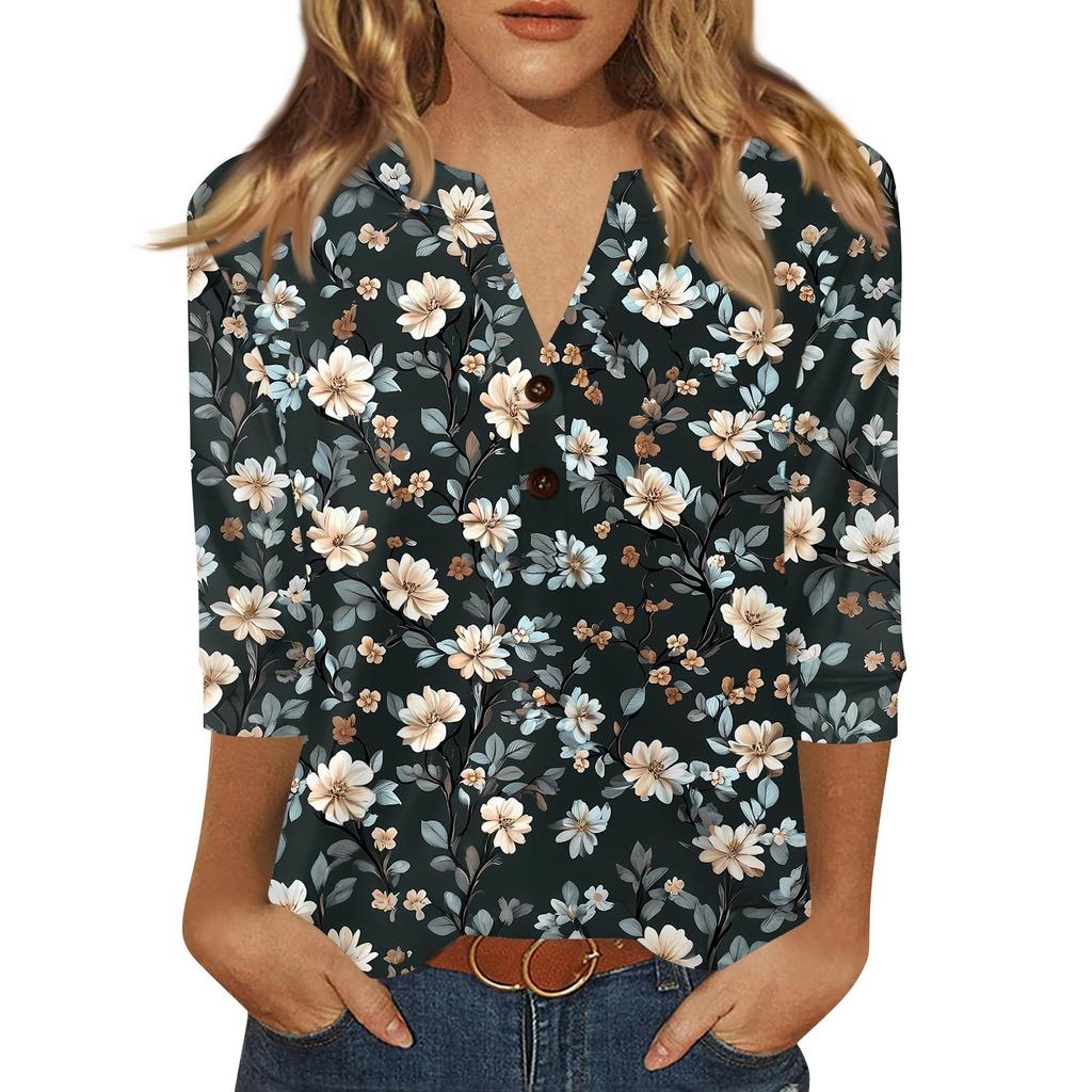 Women's T Shirt Print Button 3/4 Sleeve Daily Weekend Fashion Basic V- Neck Regular Top