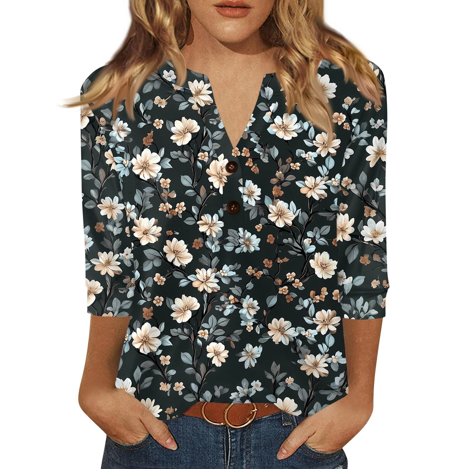 

Жен. Футболка С принтом Пуговицы Рукав 3/4 Повседневные Выходные Мода Классический Классический V-образный вырез Обычный Верх S