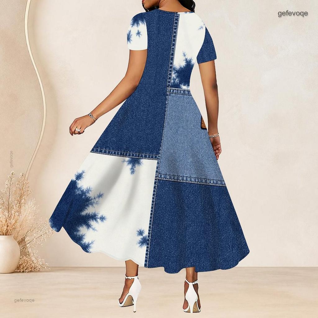 Women Plus Size Round Neck Short Sleeve Blue White Beige Printed Gathered Waist A Line Long Dress