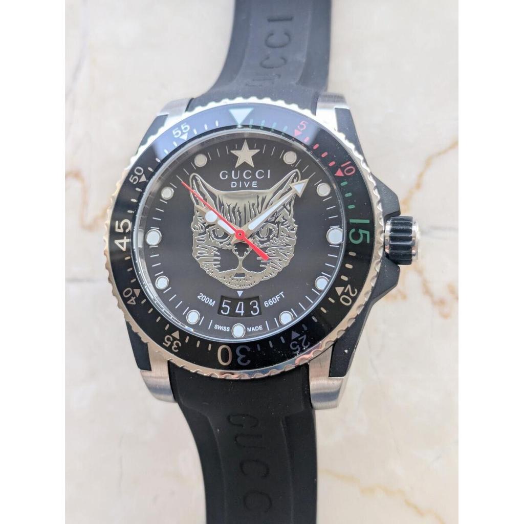 Used New and unused GUCCI watch G Timeless Men's YA136322 Diver's Watch DIVE Cat Black Silver Rubber