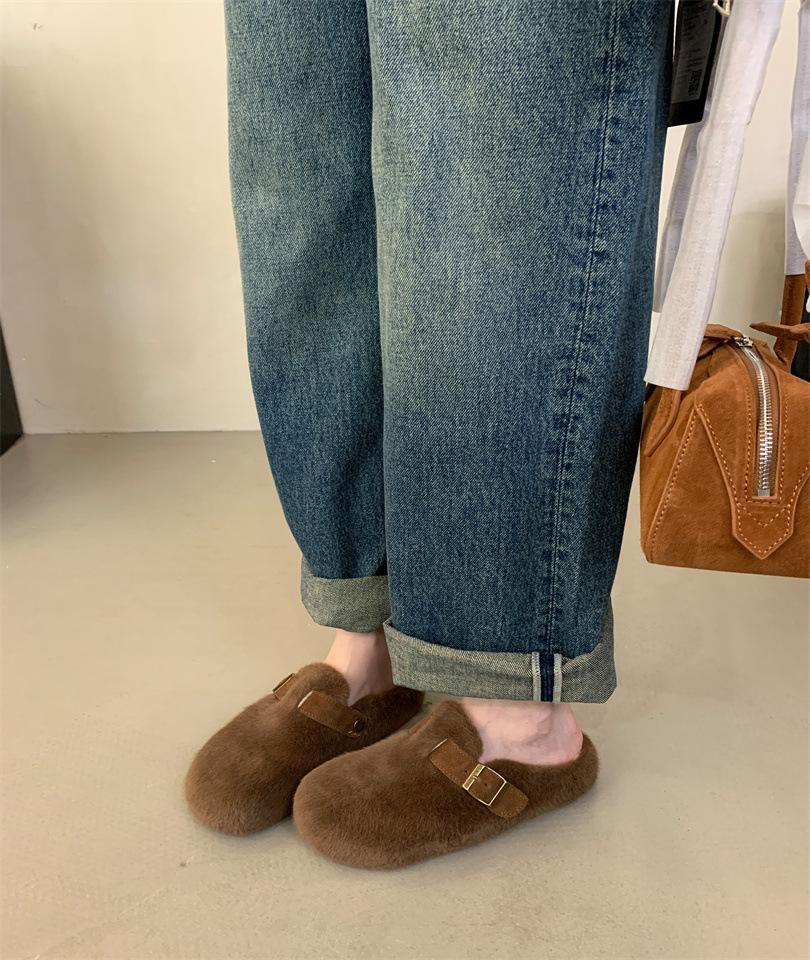 Foreign trade bag head slippers women's new warm and comfortable flat-bottomed lazy slippers in autumn and winter 2025