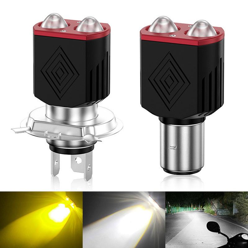 Motorcycle LED Headlight Dual Lens H4 H6 BA20D Hi/Lo Beam White Yellow Dual Color Motorbike Headlamp For Scooter