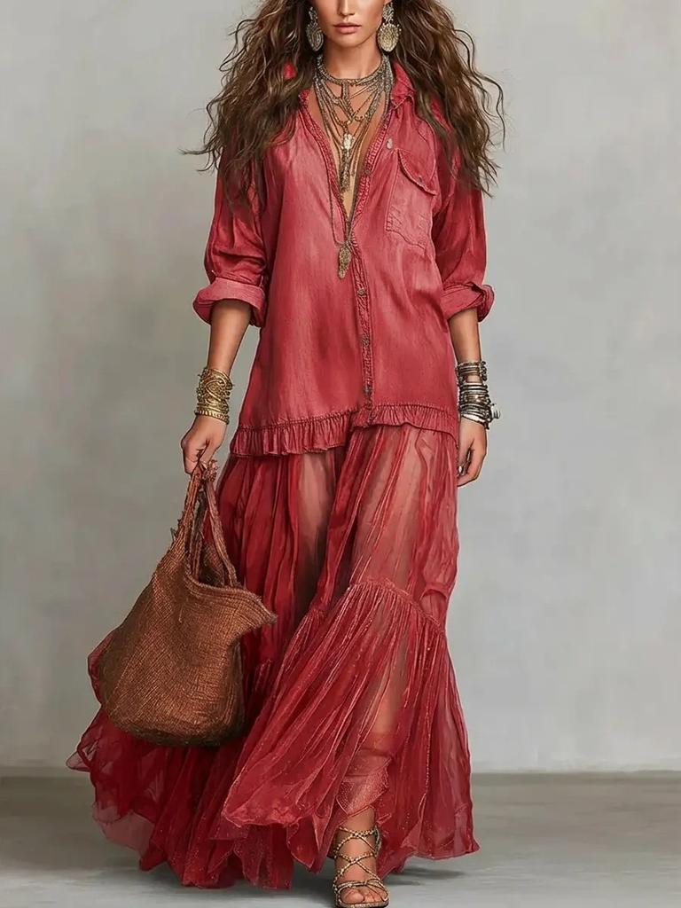 European and American Style Popular Women's Retro Lapel Imitation Denim Dress Casual