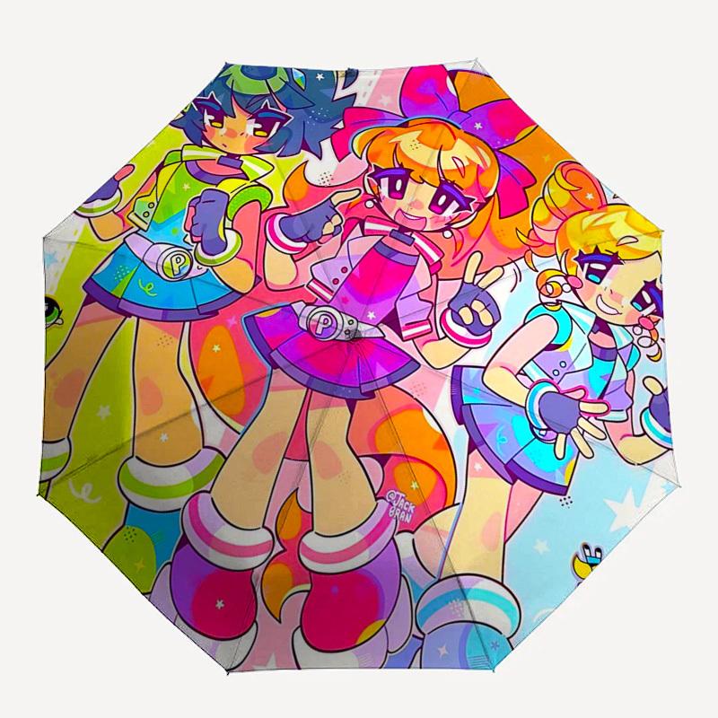 1pc Powerpuff Girls Automatic Opening/Closing Outdoor Umbrella with Portable Tri-Fold Design, 8-Rib Iron Frame Outdoor for Fans, Travelers, Daily