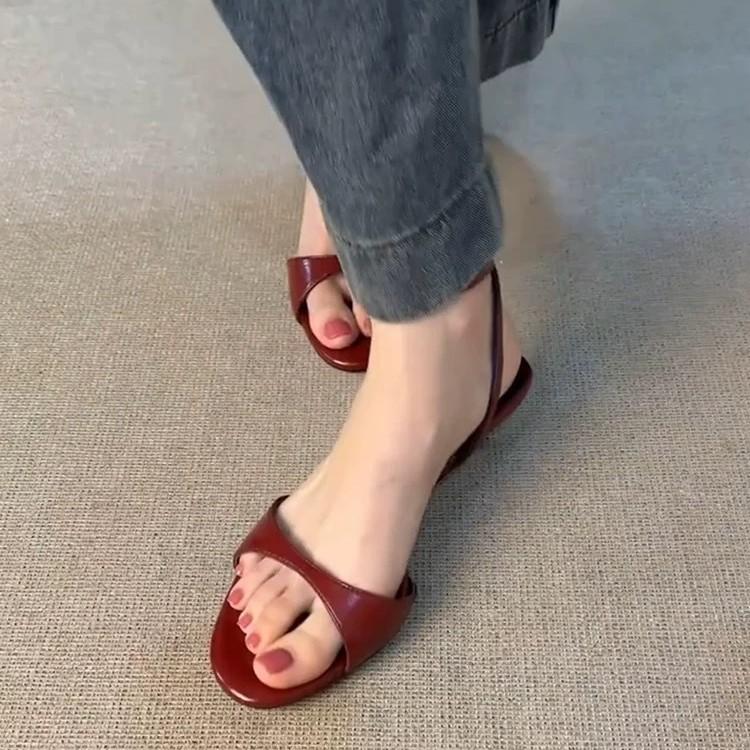 Cowhide Version~ French Kitten Heel Round Head Open Toe One-word Buckle with Sandals Women's 2025 Summer Temperament Stiletto Sandals