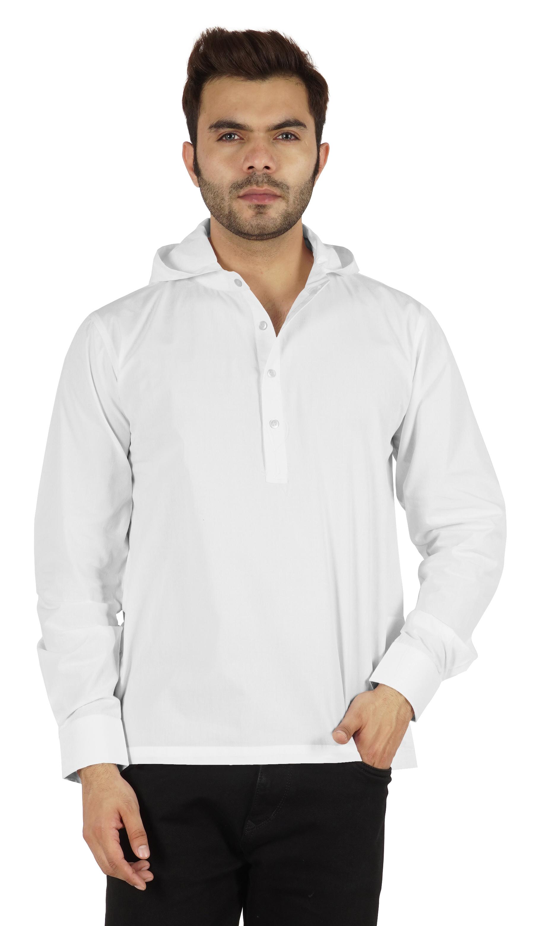 

Inkmeso Solid Henley Hooded Short Kurta For Men s Long Sleeve Cotton T-shirt Regular Fit Summer XXL білий
