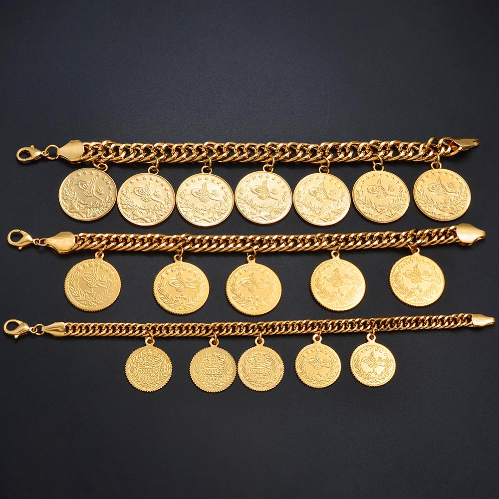 Anniyo Turkish Coin Bracelet for Women Men Turkey's Ancient Coins Banglet Turk Jewelry Gold and Silver Color #122601