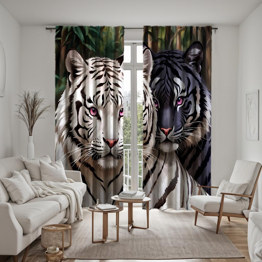 2pcs HD white Siberian tiger decorative curtain White tie digital printed curtain home decoration style decoration living roo