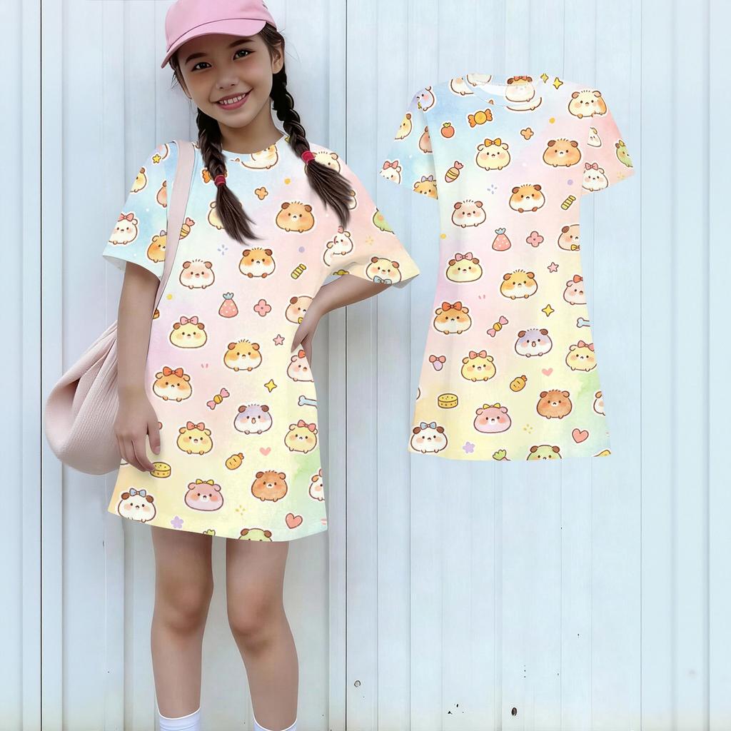 Girls Loose Fit Short Sleeve Dress Lightweight Round Neck Casual Animal Print Summer Dress for Kids Comfortable Daily Wear