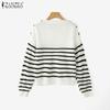 ZANZEA Autumn Women O Neck Long Sleeve Striped Texture Casual Knitted Sweaters Jumpers