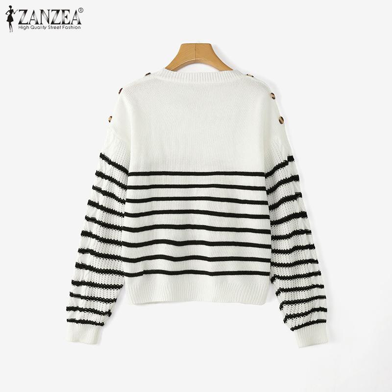 ZANZEA Autumn Women O Neck Long Sleeve Striped Texture Casual Knitted Sweaters Jumpers
