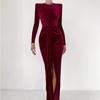 Abito Lungo Elegante Sexy da Donna in Velluto Monocolore a Vita Alta con Maniche Lunghe e Spacco