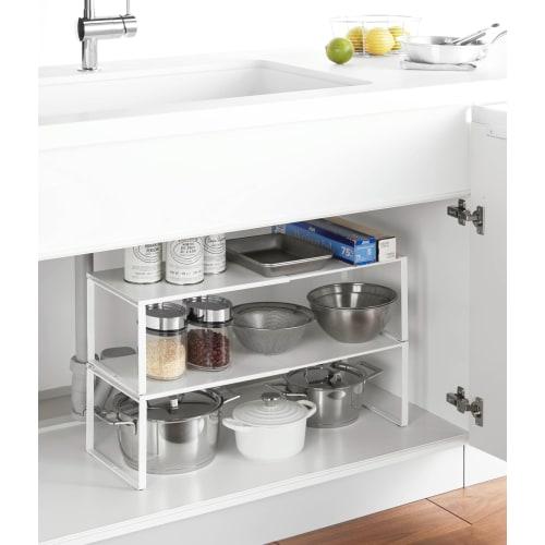 Yamazaki Extendable Storage Shelf, White, Approx. W36.5~60cm X D23cm X H18cm, Plate, Kitchen Rack, Under-Sink Storage, Extendable, Model 3829
