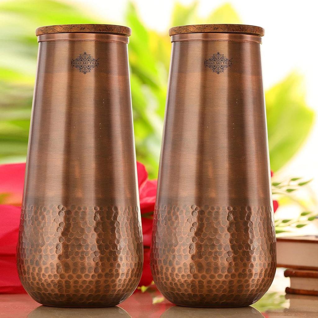 Pure Copper Bedroom Water Bottle with Wooden Lid, Aqua Vase Design with Bottom Hammered Dark Lacquer Finish - Volume 1300 Ml (Pack of 2)