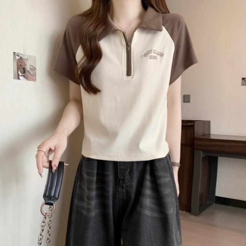 

Updated Zipper POLO Neck Front Shoulder Short-sleeved T-shirt for Female In Summer Korean Style Scholar Niche Letter Versatile Practical Use S