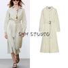 Spring and Summer New Women's Clothing Lapel Long Sleeves Shirt Style with Belt Stripes Midi Skirt Dress 2777831