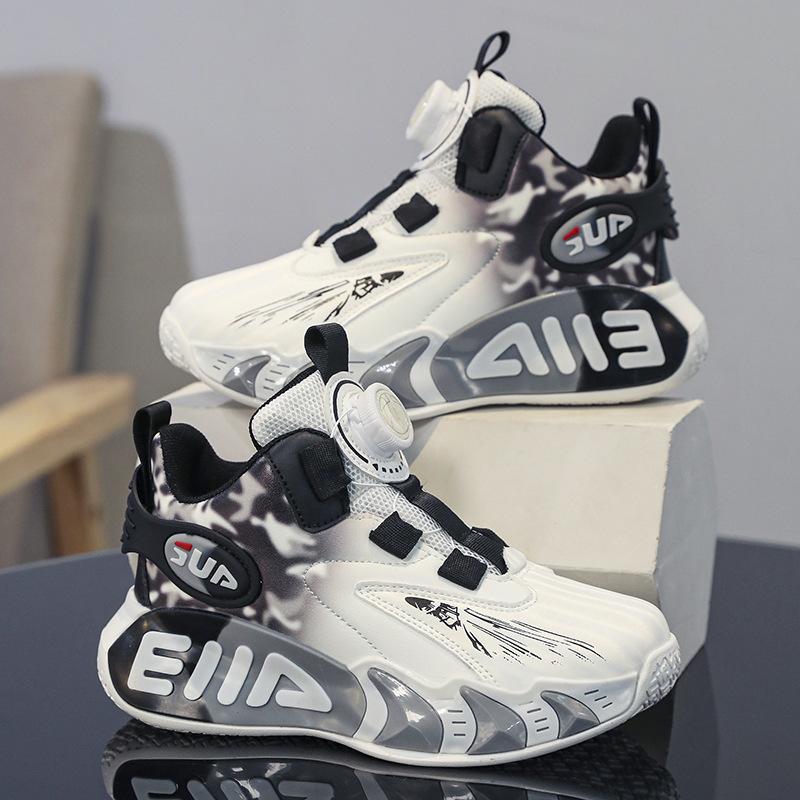 Children's Basketball Shoes Boys Spring and Autumn Leather New White Mesh Button Sneakers Friction Sound Running Shoes