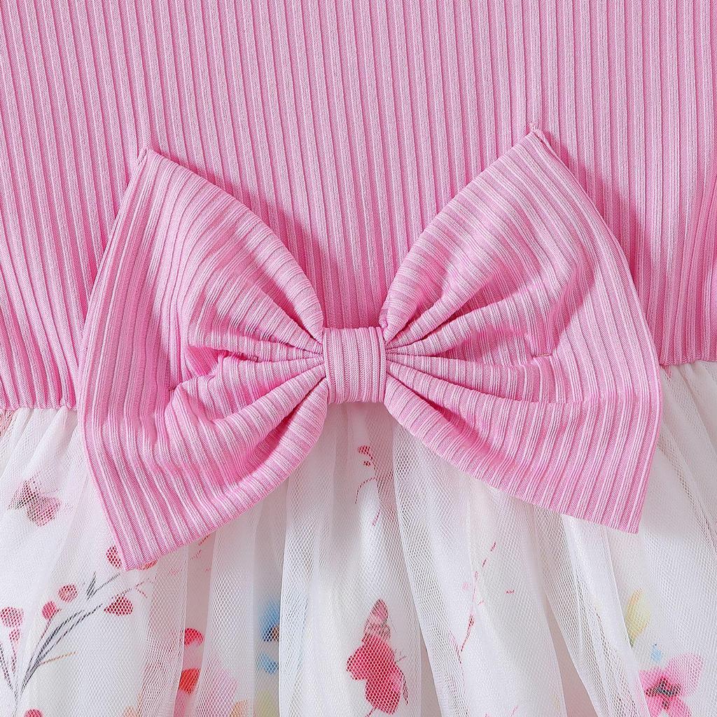 Girls' Summer Cap Sleeve Mesh Princess Dress with Waist Bow