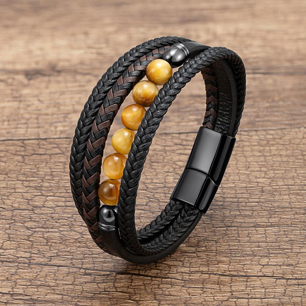 2026 European and American Buckle Fashion Jewelry Multi-layer Leather Rope Hand-woven Bracelet Stone Bracelet