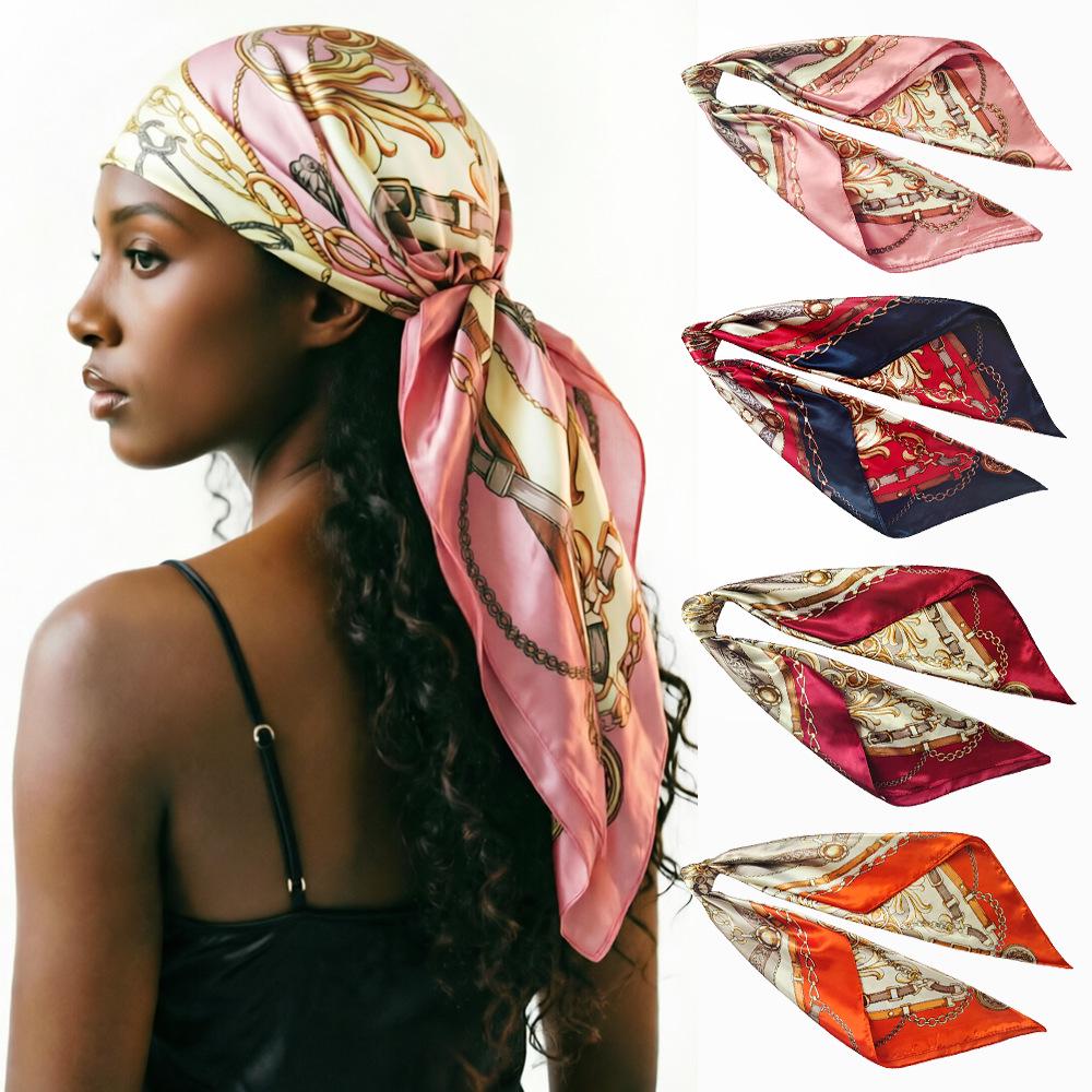 Women's Retro Floral Satin Silk Headband Scarf - 90cm Square, European & American Style