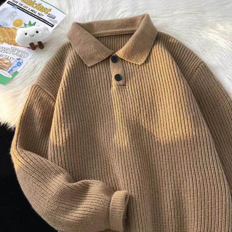 Men's Loose Fit Lapel Sweater - Trendy Hong Kong Style, Versatile Long Sleeve Solid Color Knitwear for Autumn and Winter.