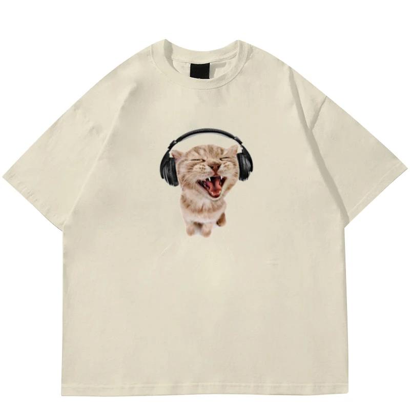 Top Style Noble Cat Love Music T-shirt Cute Cat Print Short Sleeve T-shirt Men's Harajuku Fashion Couple Loose Street Style Y2K