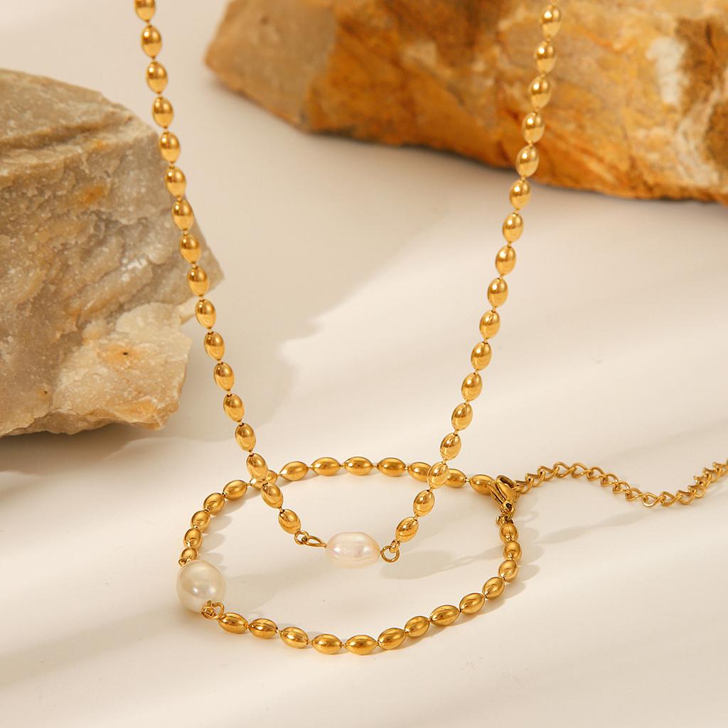 Custom Processing French Style Natural Freshwater Pearl Oval Gold Bead Necklace Stainless Steel Bracelet