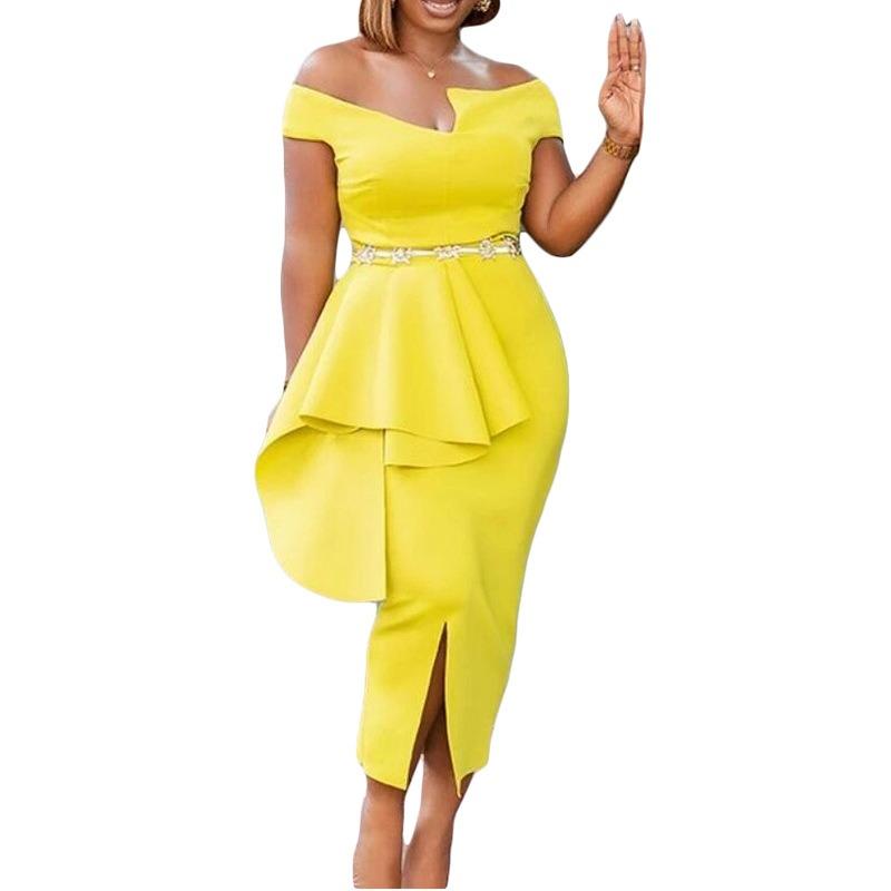 Summer Short Sleeve Hip Wrap Solid Color Split Shoulder Dress Dress