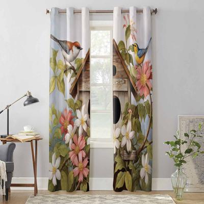 Căsuță de păsări de primăvară vintage, flori, păsări, perdele de fereastră pentru living, perdea de lux pentru dormitor, jaluzele de bucătărie, draperii, perdele