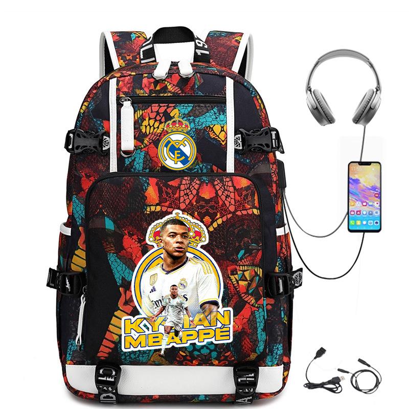 Multifunctional Camo Backpack for Students, USB Charging Casual Travel Daypack, Football Star Print Design