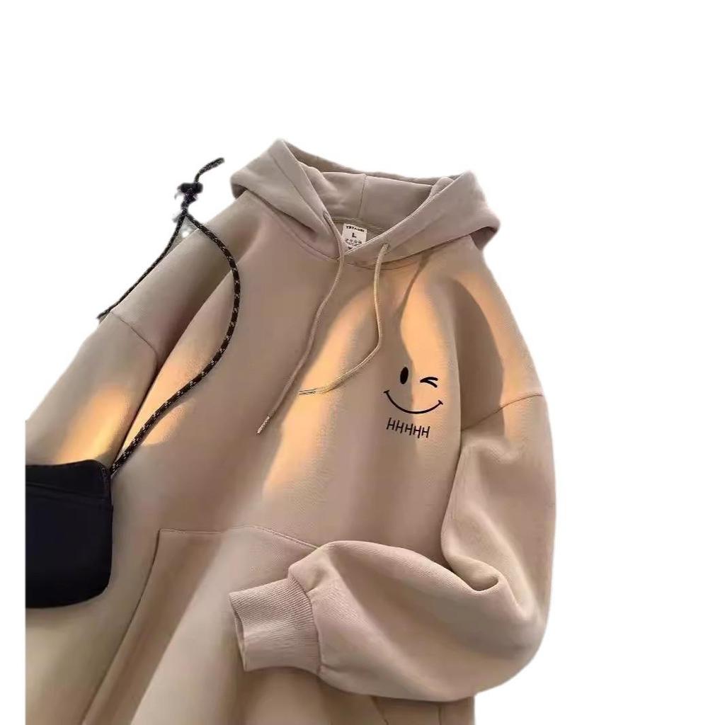 Smiling Face Unisex Hoodie - Spring/Autumn 2024 Trendy Fleece-Lined Loose Fit