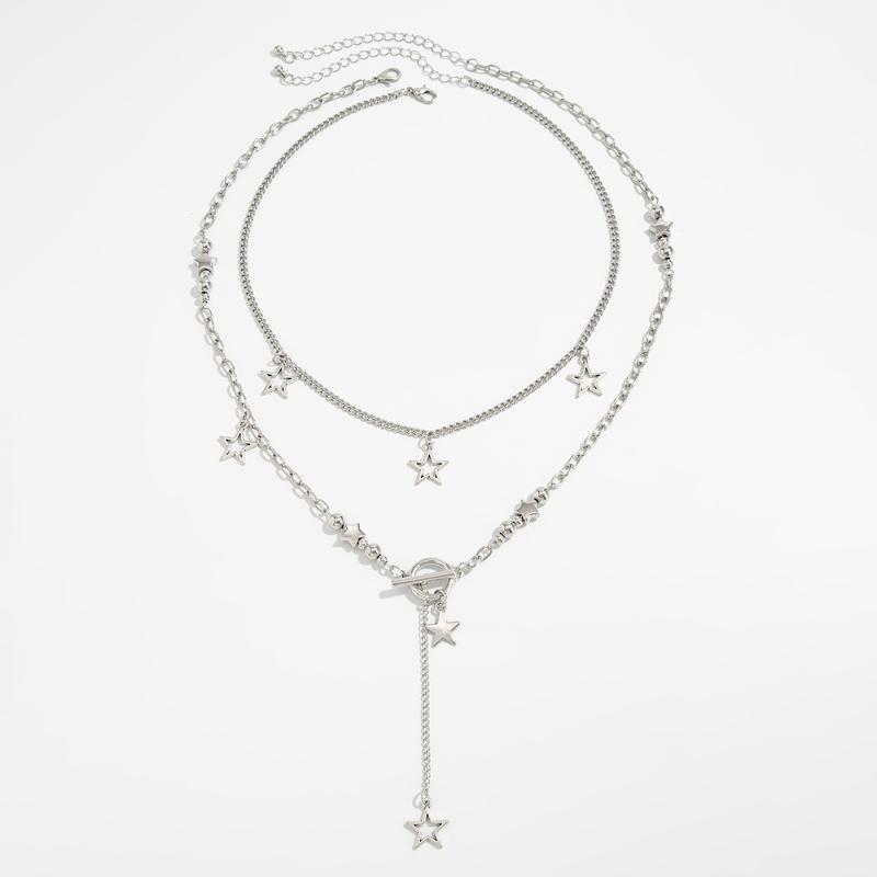 Punk Rock Silver Color Vortex Star Pendant Chain Layered Necklace For Women Men Charms Y2K Grunge Accessories Jewelry