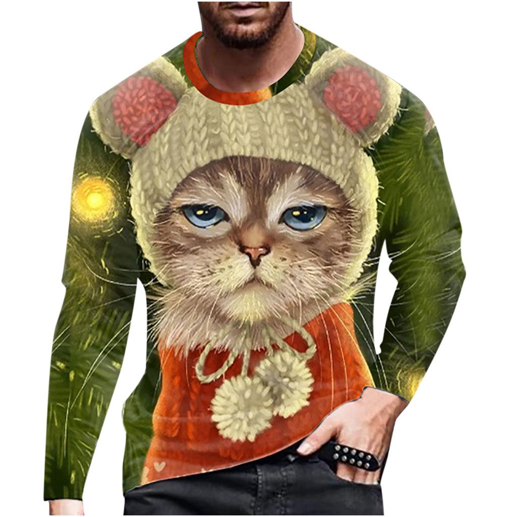 Spring and Autumn Round Neck Cat Pattern 3D Printed Top Fashionable Casual Long Sleeved Men's T-shirts
