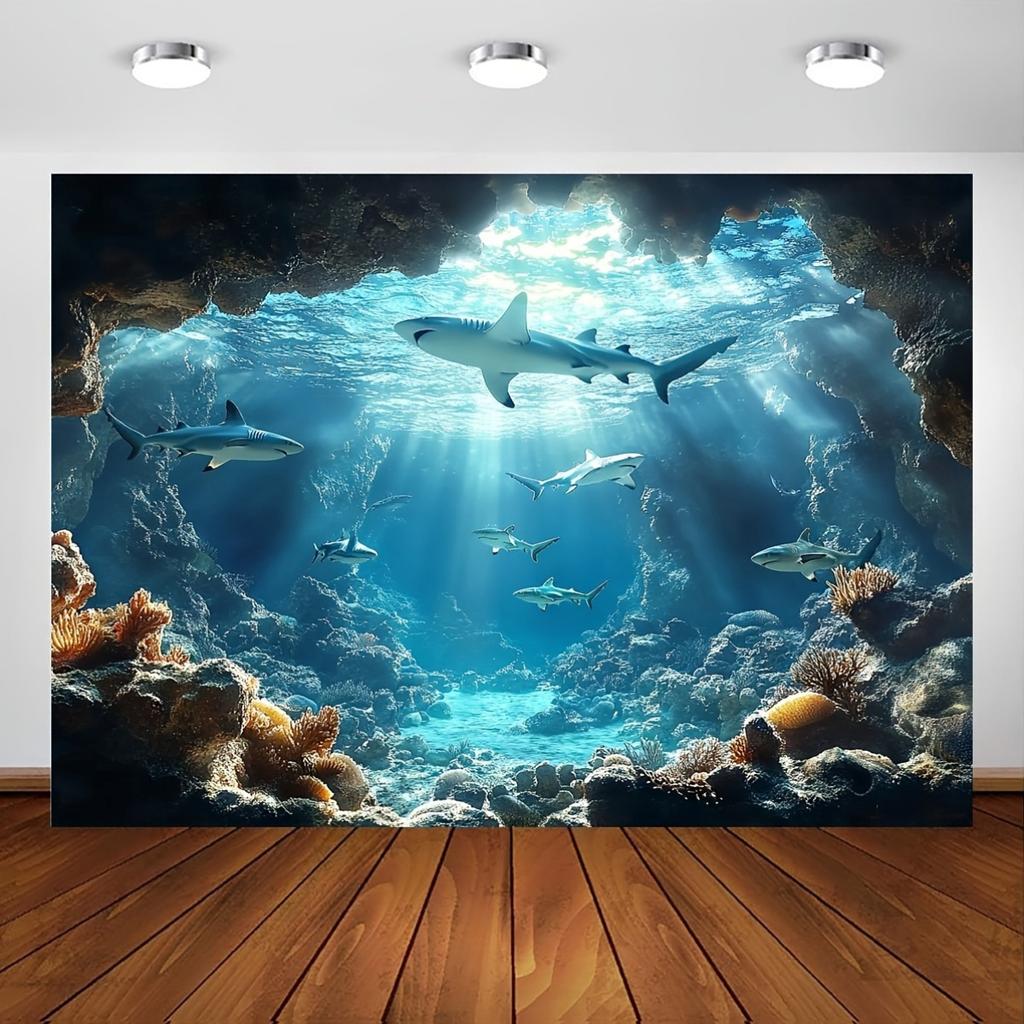 Arazzo in Poliestere Vita Marina Sottomarina Squalo Oceanico Pesce Corallo Decorazione Murale per Compleanni Feste di Addio al Celibato Versatile Non Elettrico