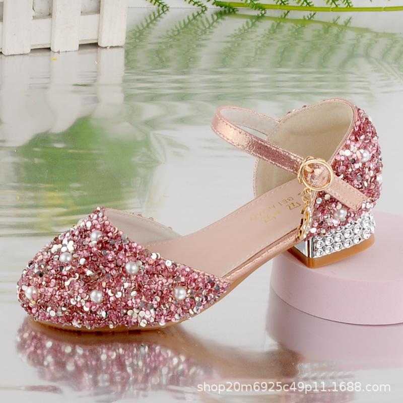 

Срібні кришталево білі дитячі туфлі туфлі принцеси для дівчинки з сукнею з м якої шкіри літні низькі каблуки високий каблук 40 яскраво-рожевий колір